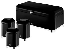 Swan Solace Black Breadbin & 3 Canisters Kitchen Storage Set Chrome Trim