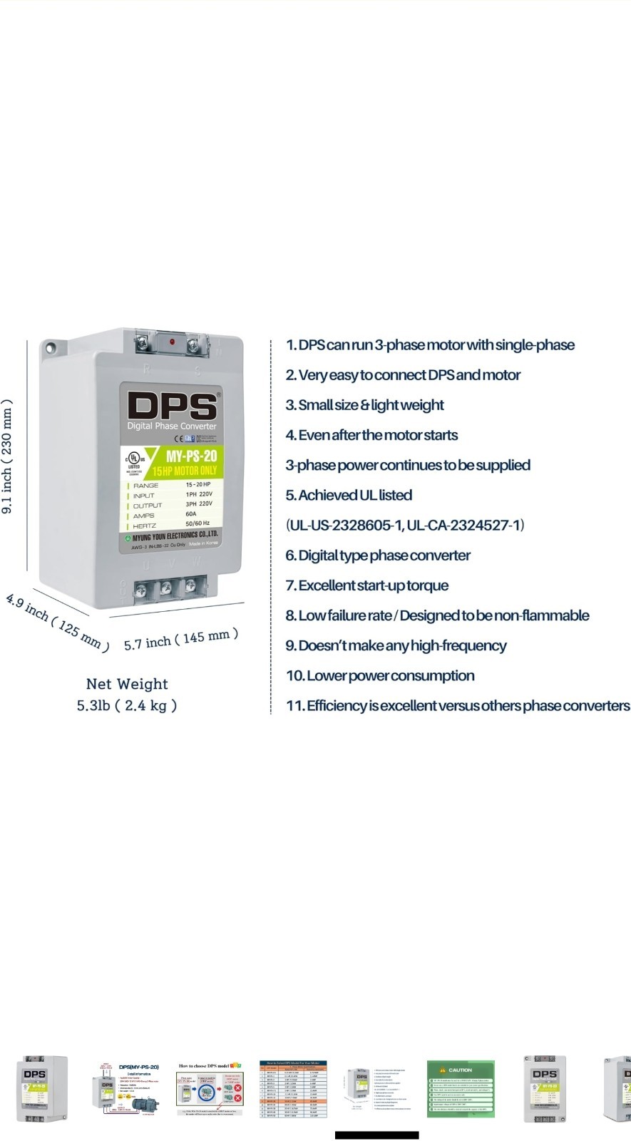 Single to 3 Phase Converter, Use 15HP(11kW) 45A Motor 200V-240V Only, MY-PS-20