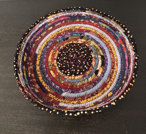 Handmade Coiled Rope Bowl w/Multicolored Fabric & Zigzag Stitching 9.5”