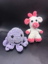 Handmade Crochet Strawberry Cow  Lavender Octopus Plush Toy Lot Chenille