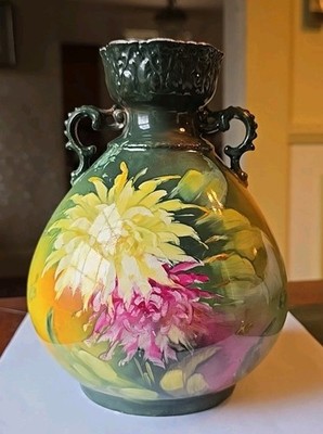 Antique Royal Bonn Franz Mehlem Hand Painted Floral Handled Vase 7.5'' Germany 