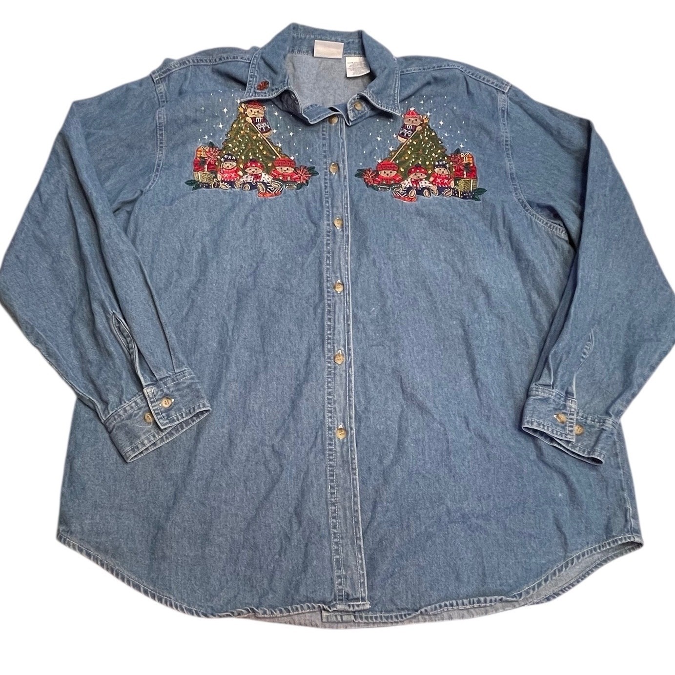 Vintage Denim Embroidered Bears 90s Christmas Shirt Bobbie Brooks Women Size XL