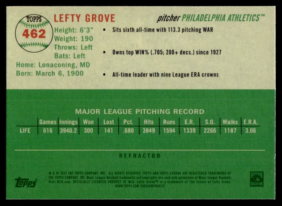 2023 Topps Chrome Platinum REFRACTOR Lefty Grove Philadelphia Athletics #462 - Image 2 of 2