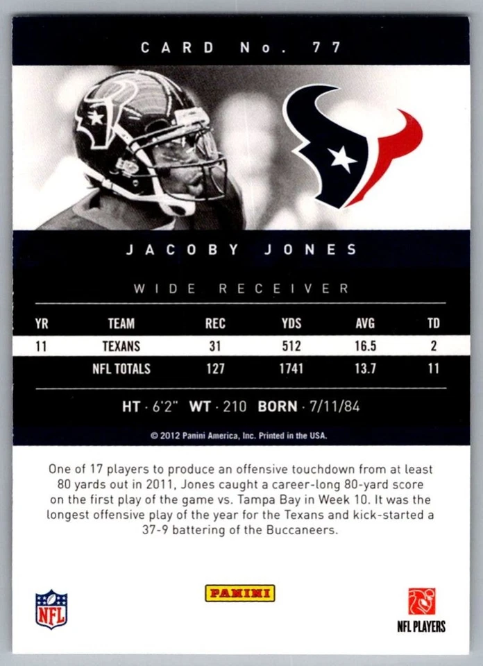 2012 Panini Prestige Jacoby Jones Houston Texans #77 - Image 2 of 2