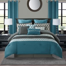 Geometirc King Blue Comforter Set, 12 Piece, Jacquard Bedding Comforters Se...