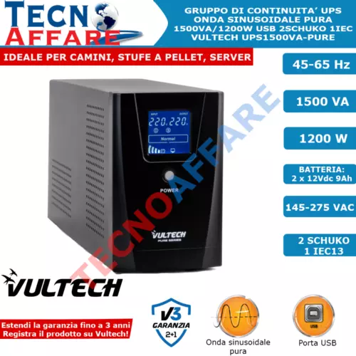 Gruppo Di Continuità UPS 1500VA Onda Sinusoidale Pura Per Server PC DVR Vultech