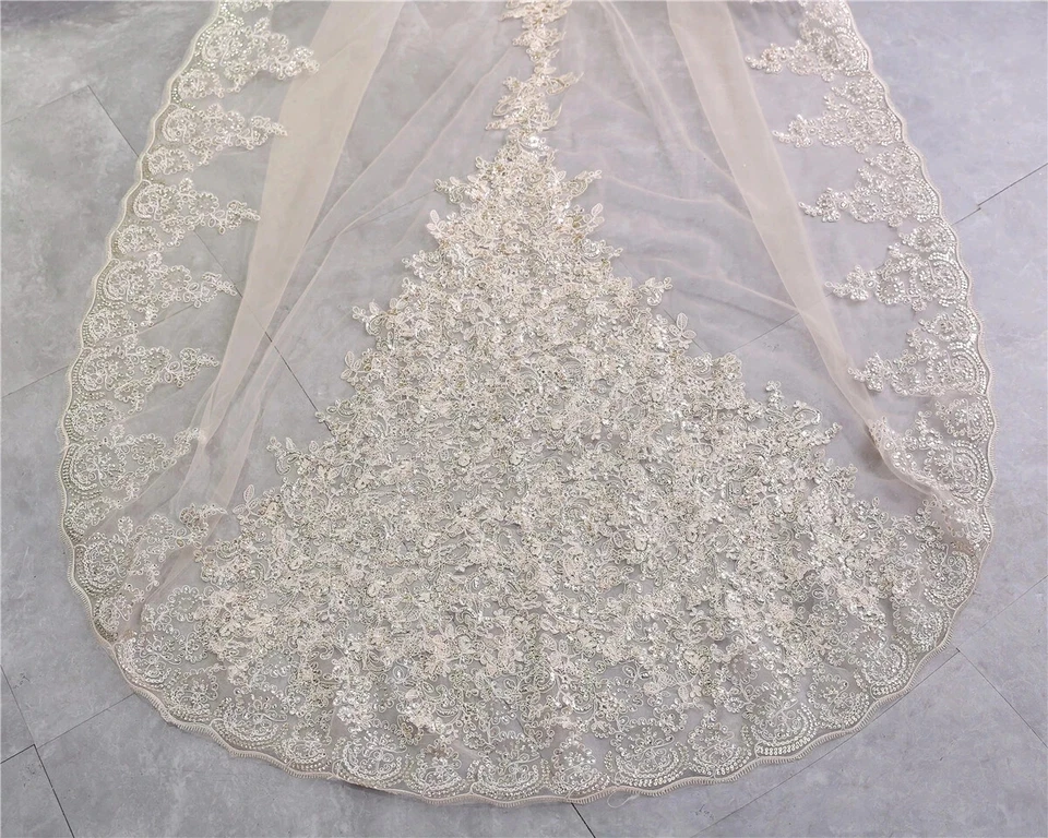 Velo de catedral de lujo 3M velos de novia lentejuelas apliques borde de encaje velos de boda Foto 4 de 4