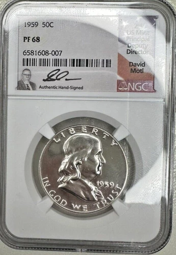 1959 50c Franklin Half Dollar NGC PF-68 Signed by David Motl