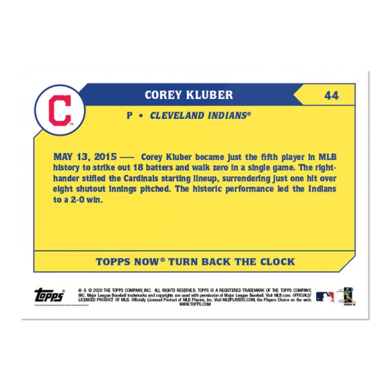2020 Topps Now Turn Back the Clock Corey Kluber #44 - Image 2 of 2