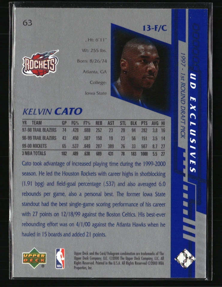 Kelvin Cato 2000 Upper Deck #63 /500 Basketball Card - Image 2 of 2