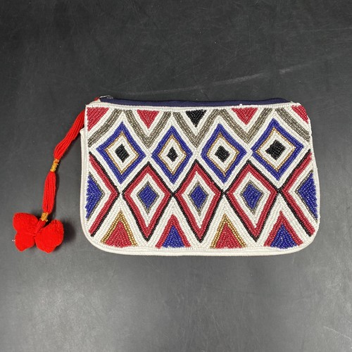 Cotton On Accessories Red White Blue Seed Bead Beaded Clutch Handbag Boho Bag - Afbeelding 1 van 8