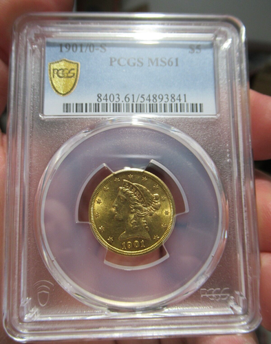 1901/0-S $5 Liberty Gold Half Eagle PCGS MS61 Coin, RARE COIN, San Francisco - Picture 3 of 9