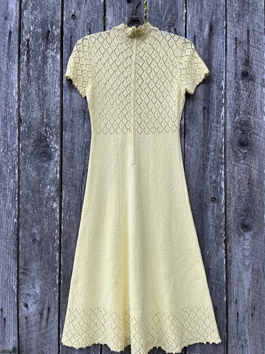 AMAZING! Vintage 1970's I. Magnin & Co. Yellow Knit Dress Sz S/M High Neck *222 - Picture 2 of 8