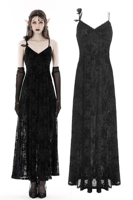 DARK IN LOVE Women Black Gothic Rose Flocking Maxi Spaghetti Strap evening Dress