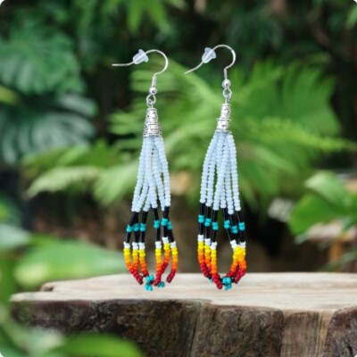 Authentic Native American Indian Made Beaded Earrings Sterling Silver Hooks