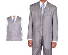 Men's 3pc Classic Wool Feel Three Button Striped Suit w/ Vest 5267 Gray