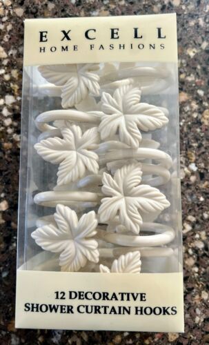 New EXCELL HOME FASHIONS 12 SHOWER CURTAIN HOOKS Ivory Leaf Leaves - Picture 1 of 3
