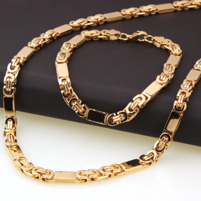Mens Chain Stainless Steel 18K Gold Byzantine Link Jewelry Necklace  Bracelet Set - Main Image