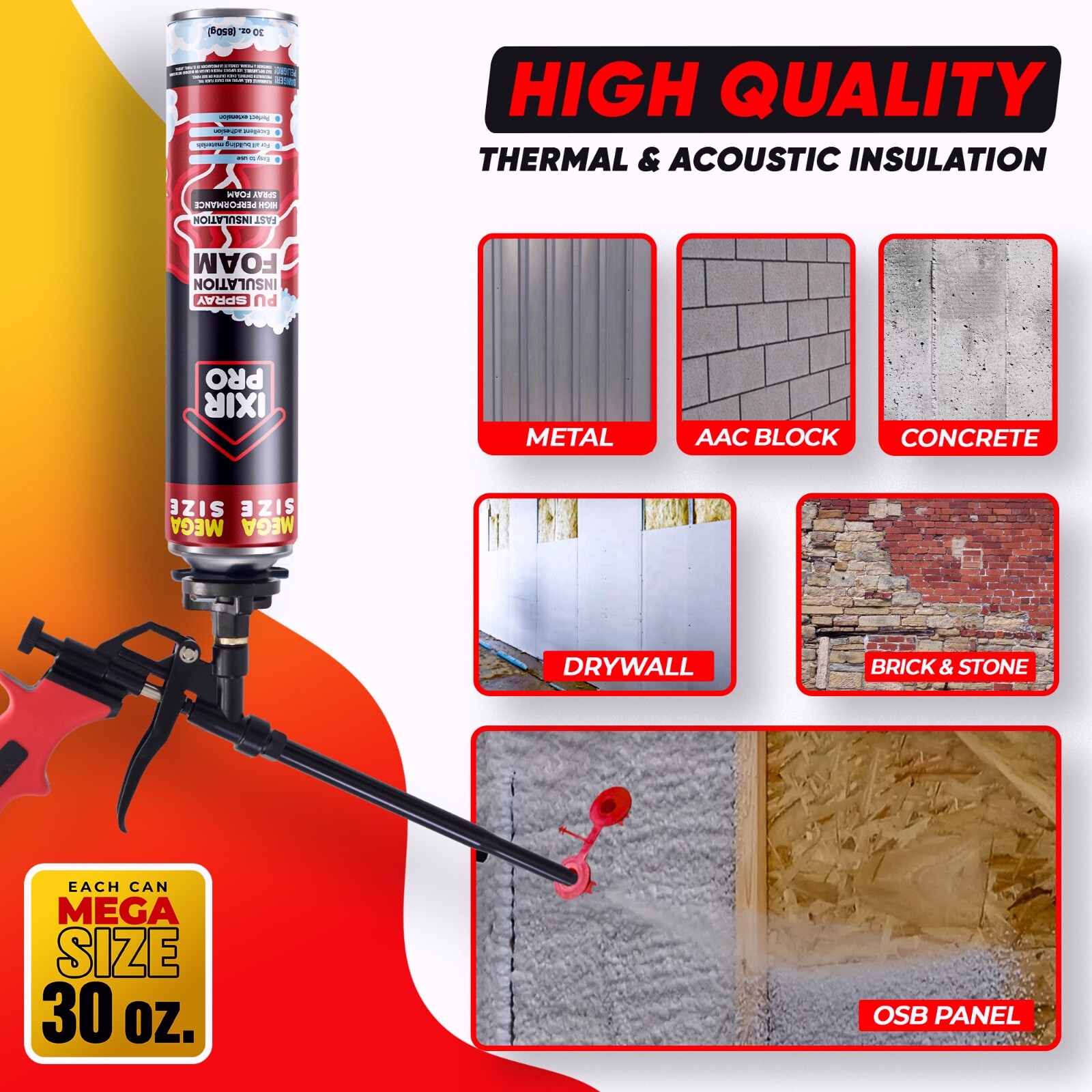 Mega Size Spray Foam Insulation Can (3x30 oz. / 850 g) Expanding Foam Sealant