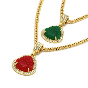 Authentic Men 14k Gold Plated green red buddha Cubic-Zirconia 30 & 24" Cuban Chain