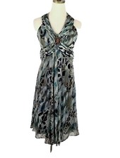Jessica Howard Sleeveless Evening Dress Size P6 Blue Brown V-Neck Beaded Accent