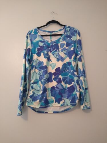 Title Nine Women Large Long Sleeve Blue Floral Ruched Sides Runs Small Top