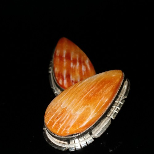 Native American Navajo Orange Spiny Oyster Sterling Silver Signed Earrings - Picture 10 of 12