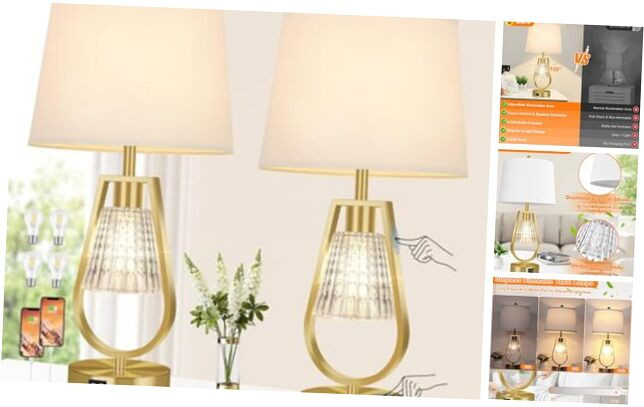 Set of 2 Dimmable Touch Control Table Lamps with Dual USB Ports for Nightstands