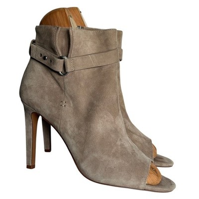 BCBGeneration Peep Toe Ankle Boots Womens 9.5 Taupe Suede Buckle Stiletto Chic