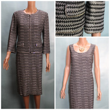 ST JOHN Black White Jacket Dress L Size 12 14 10 2pc Suit Silver Trim Shimmer
