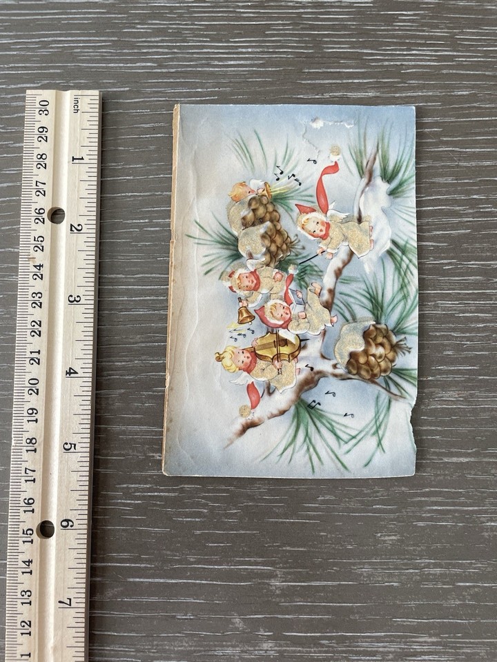 Glitter Instruments 40s Tiny Musical Pygmy Angels Perched Glitter Snow Vtg XMAS Card Used ...