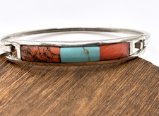 Vintage Alpaca Mexico Bracelet Silver Inlay Turquoise Coral Bangle 12.1gr Sz 6.5