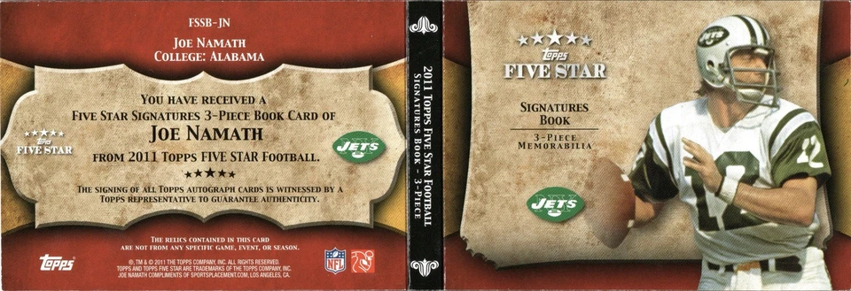 2011 Topps пять звезд ветеран с автографом тройной Джерси Joe Namath 1/25! - Изображение 2 из 2