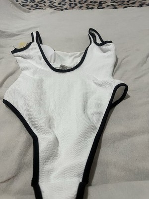 Cupshe White One Piece Swimsuit Black Trim High Cut Spaghetti Straps