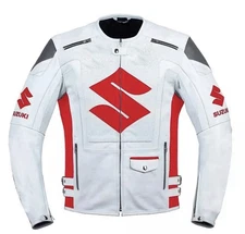 Suzuki White Motorbike Racing Leather Biker Jacket Armor Protected New For Mens