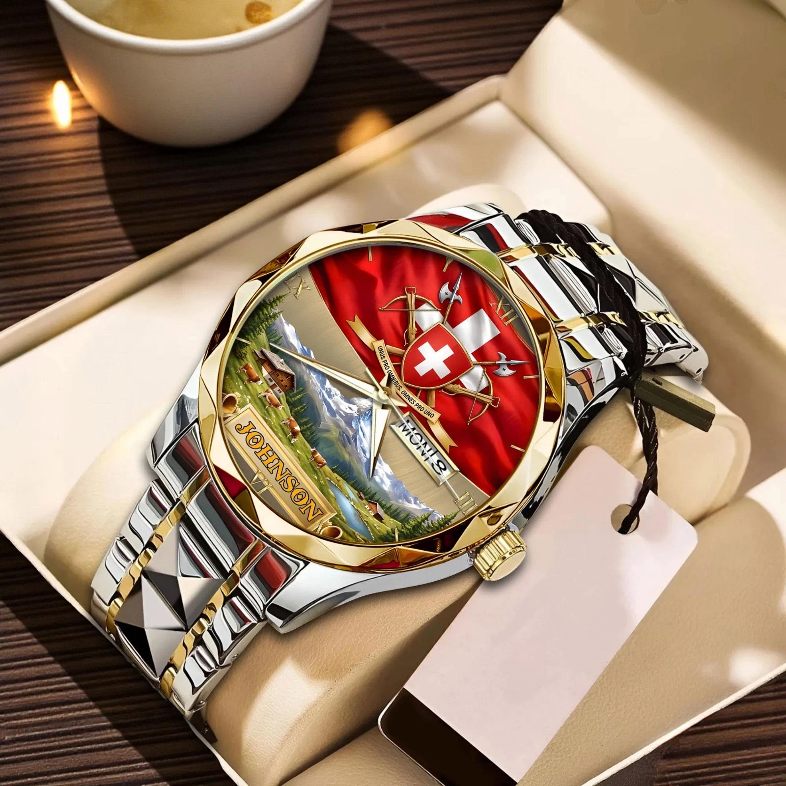 Personalized Switzerland Art Watch, Custom Swiss Flag Men's Gift Idea