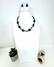 Vintage Bohemian Navy Blue Glass Beaded Statement Necklace Earrings Set