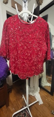 Unbranded Red Silk Red Sequins Embroidery & Silver Beads SS Scallop Trim Top 2X