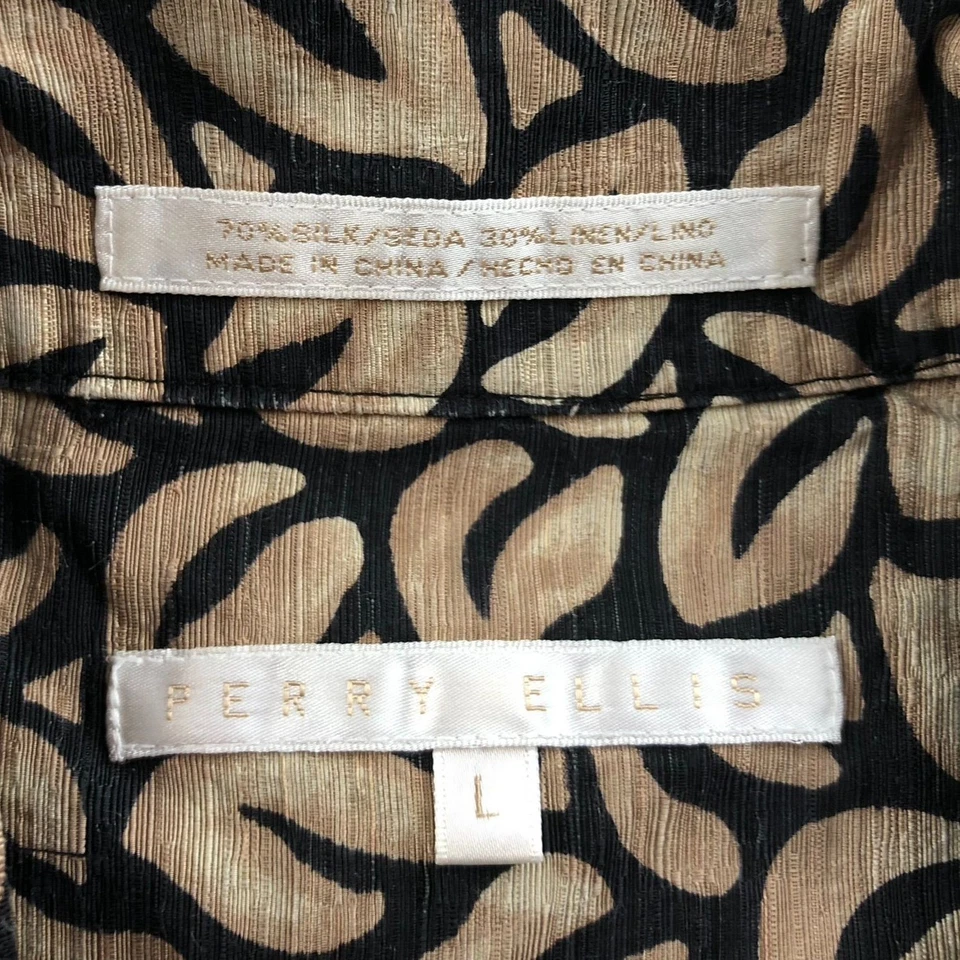 Perry Ellis Men Shirt Large Short Sleeve Silk Linen Button Up Leaf Print Tan Y2K - Image 3 of 4