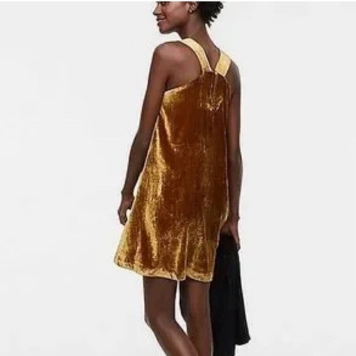 Ann Taylor LOFT Crushed Velvet Square Neck Swing Mini Dress Golden Yellow Small - Picture 2 of 10