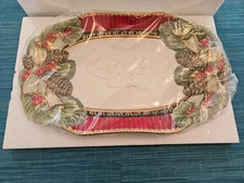 Fitz & Floyd Winter Claus Cookie Platter/Plate - Pine Cones, Bows,Holly - NIB