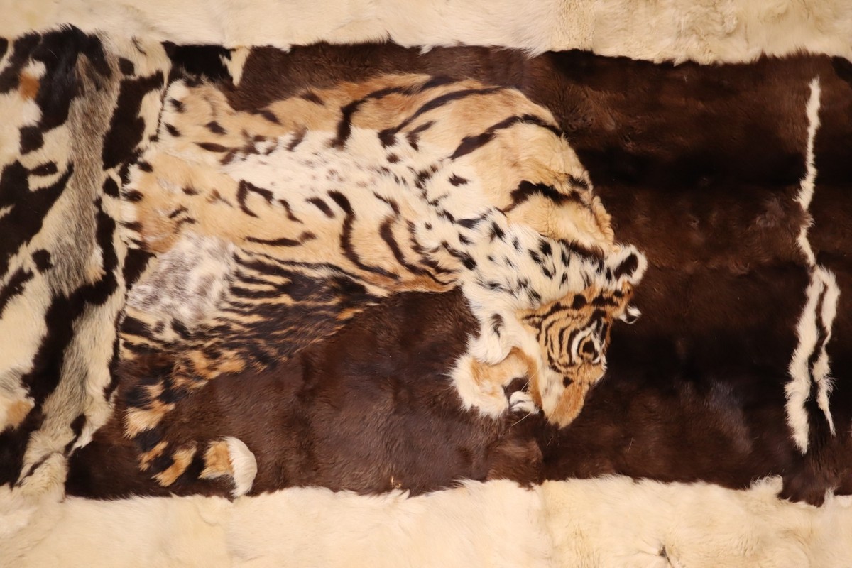 Vintage Sheepskin Sheep hide Fur Tiger motif Patchwork Rug 63” x36