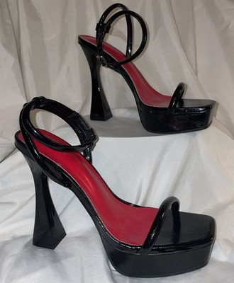 High Heel Shoes Black Patent Platform Ankle Strap Square Toe READ