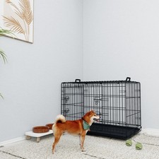 36" Dog Crate Kennel Black Wire Double Door Portable Pet Cage w/ Locks Handles