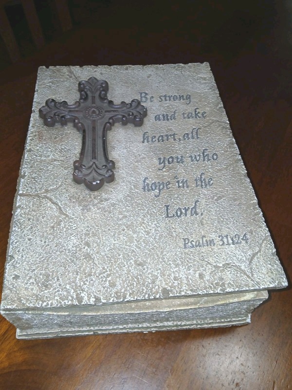 Stone Concrete Religious Box Bible box 10"x7.5" That Reads Psalms 31:24