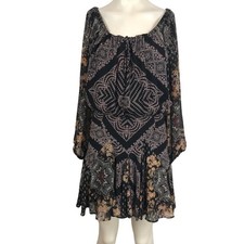 FREE PEOPLE - WOMEN'S XS- BLACK LONG SLEEVE OPEN BACK BOHO GRUNGE RUFFLE DRESS