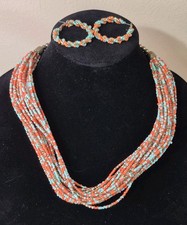 Multi Strand Orange And Turquoise Blue Glass Seed Bead Necklace Earring Set