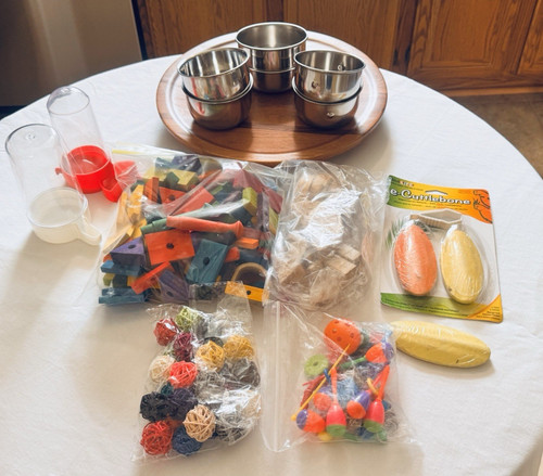 Lot Bird Cage Items Water/Food Stainless Steel Bowls Toy Components Cuttlebone