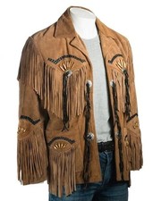 Men Suede Western Cowboy Leather Jacket With Fringe - Native American Style