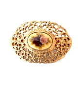 Vintage Porcelain Scarf Clip  Pink Rose  Golden Filigree Frame Victorian 2 in